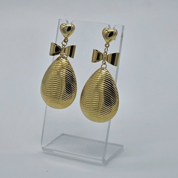 Gold Tone Heart Bow Dangle Teardrop Earrings 2" Drop Super Cute F15 - Picture 1 of 6
